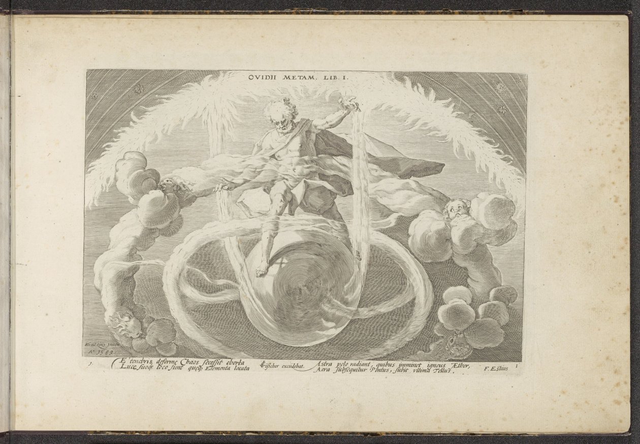 Pořádek v chaosu Stvoření čtyř živlů Ovidii Metam. lib. I (název na objektu) Ovidiovy metamorfózy (název série) Re-creations P. Ovidius Naso (název série) od Hendrick Goltzius (workshop of)