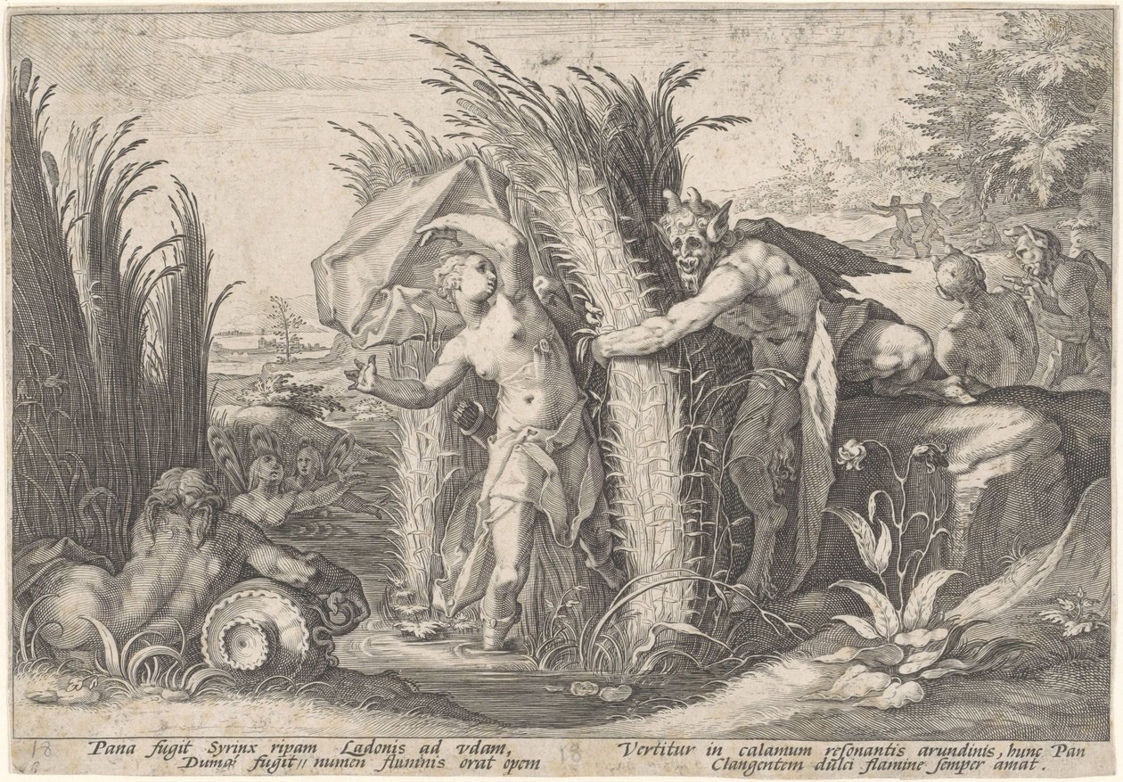 Pan en Syrigs Transfigured Van Ovid (název série) od Hendrick Goltzius (workshop of)