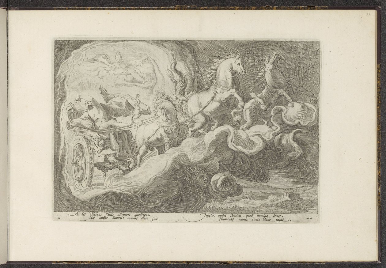 Phaethon jede na voze svého otce Ovidiovy metamorfózy (název série) Re-creations P. Ovidius Naso (název série) od Hendrick Goltzius (workshop of)