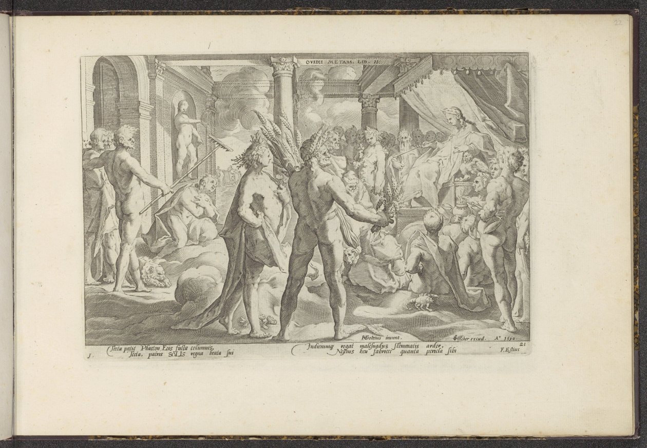 Phaëton v het paleis van Helios Ovidiova meta. Lib. II (název na objektu) Ovidiův Metamorfosen (název série) Herscheppingen van P. Ovidius Naso (název série) od Hendrick Goltzius (workshop of)