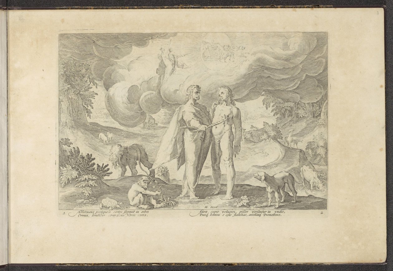 Prométheus dává člověku oheň Ovidiovy metamorfózy (název série) Re-creations P. Ovidius Naso (název série) od Hendrick Goltzius (workshop of)