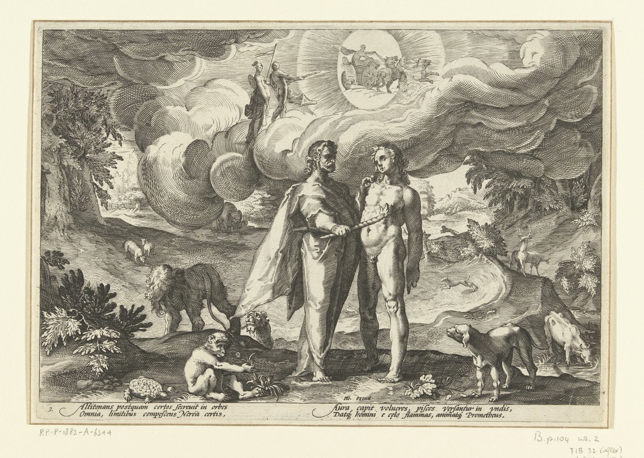 Prométheus dává člověku oheň Ovidiovy metamorfózy (název série) od Hendrick Goltzius (workshop of)