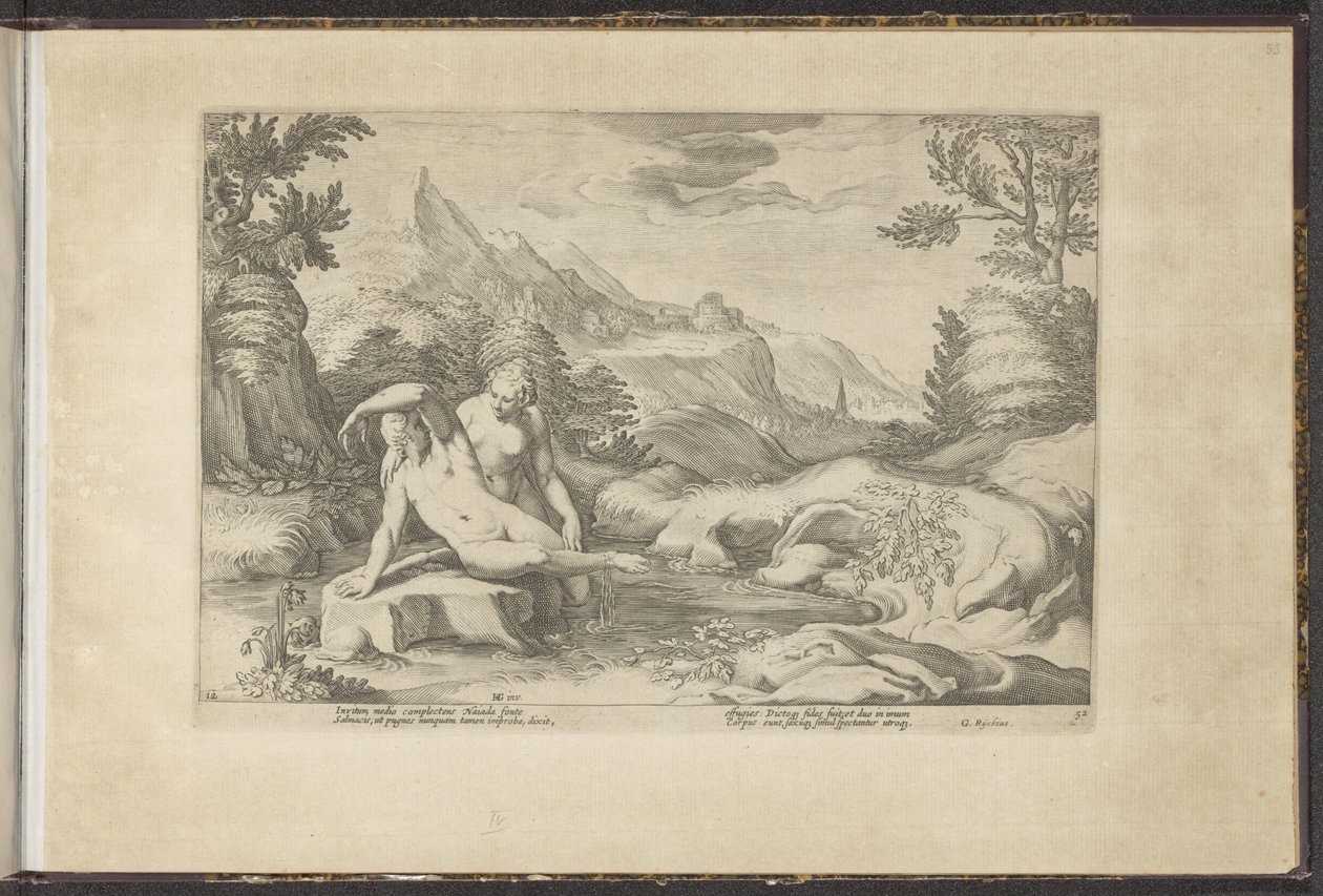 Salmacis a Hermaphroditus Ovidiův Metamorfosen (název série) Herscheppingen van P. Ovidius Naso (název série) od Hendrick Goltzius (workshop of)