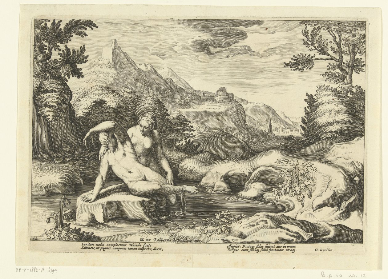Salmacis a Hermaphroditus Ovidiův Metamorfosen (název série) od Hendrick Goltzius (workshop of)