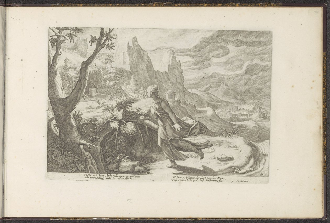 Thisbe prchá před lvem Ovidiovy metamorfózy (název série) Re-creations P. Ovidius Naso (název série) od Hendrick Goltzius (workshop of)