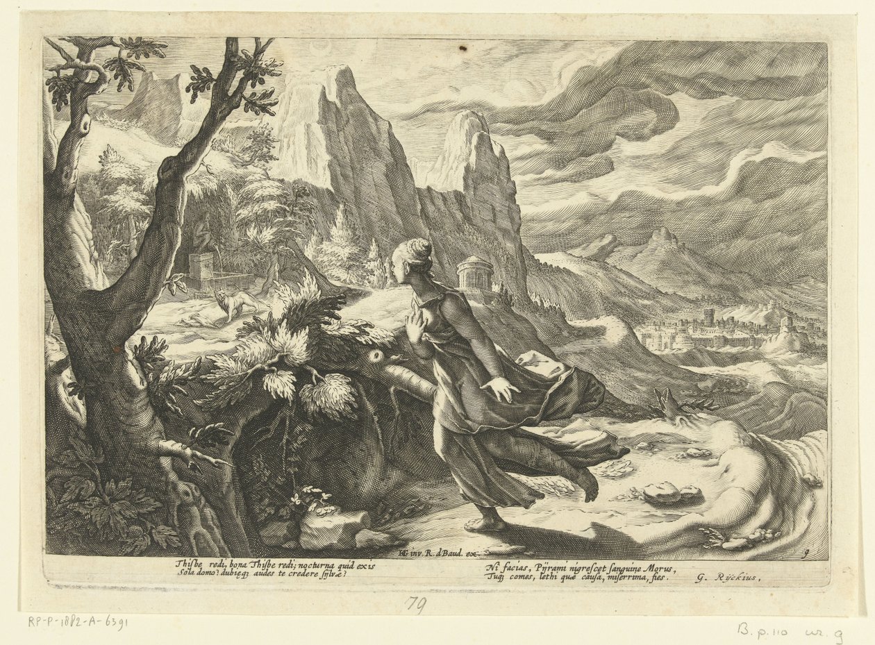 Thisbe prchá před lvem Ovidiovy metamorfózy (název série) od Hendrick Goltzius (workshop of)
