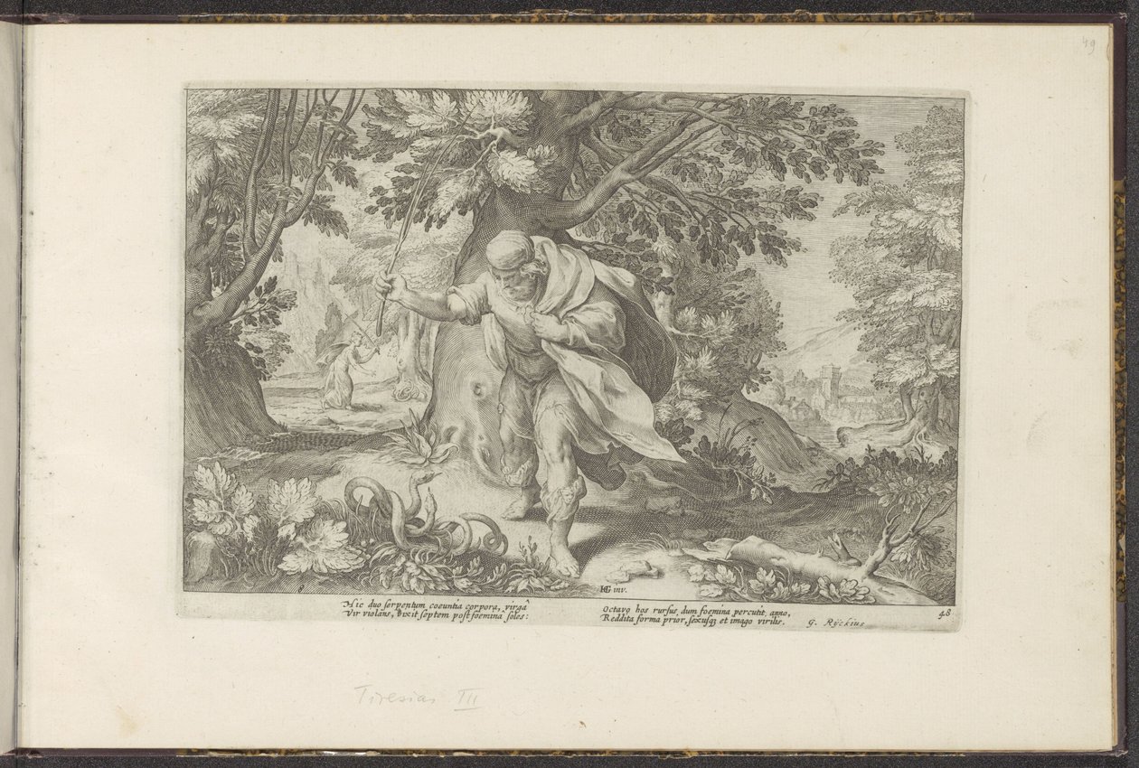 Tiiresias zasáhne dva pářící se hady Ovidiovy metamorfózy (název série) Re-creations P. Ovidius Naso (název série) od Hendrick Goltzius (workshop of)