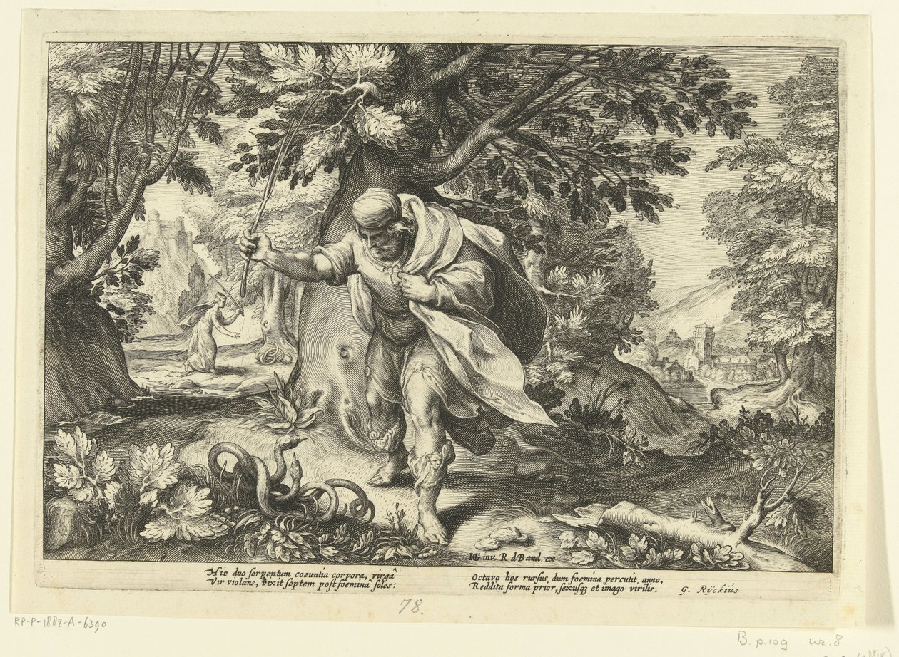 Tiresias zasáhne dva pářící se hady Ovidiovy metamorfózy (název série) od Hendrick Goltzius (workshop of)