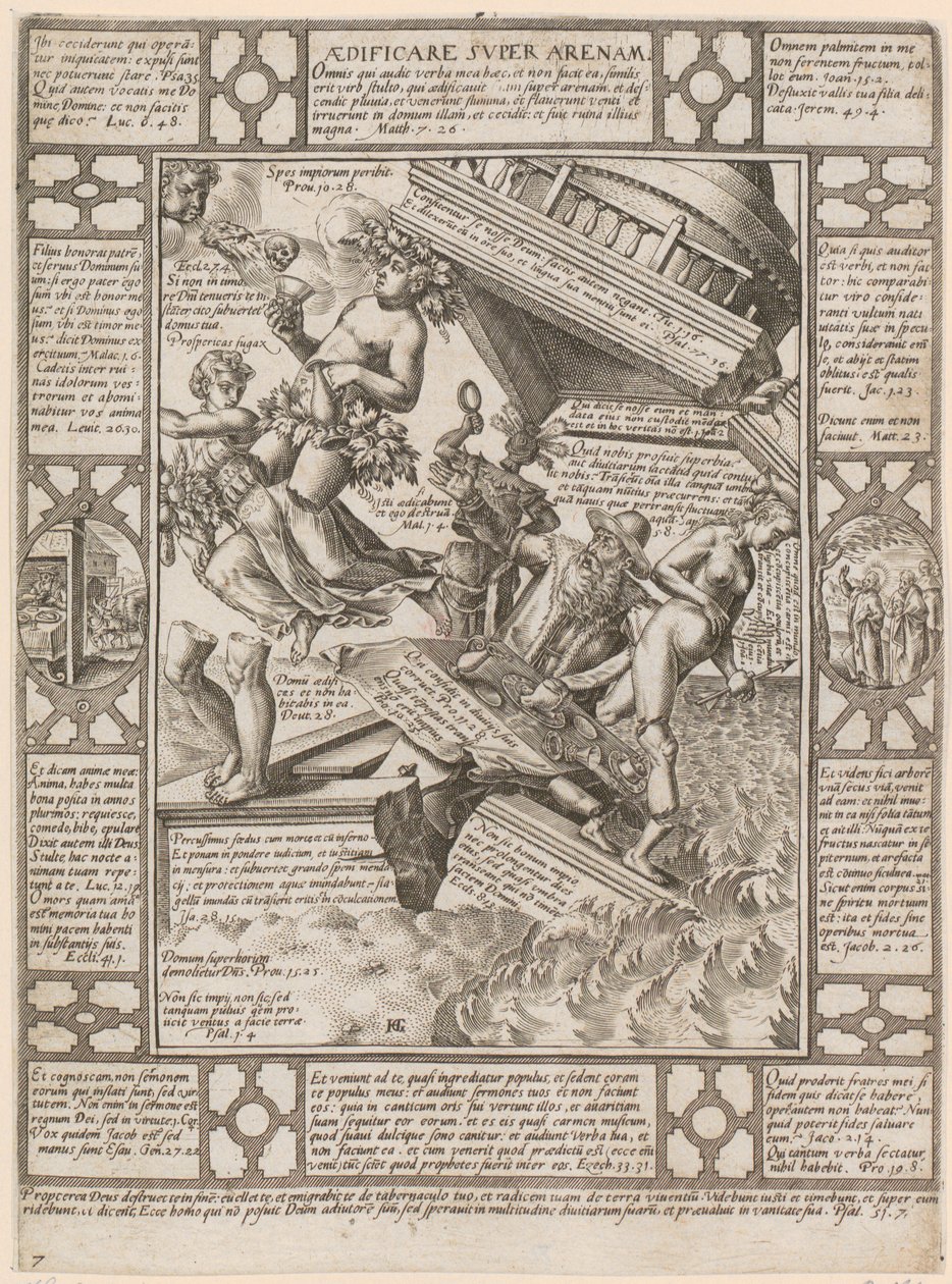 Aedificare super Arenam, list 7 ze série „Alegorie křesťanské víry“ od Hendrick Goltzius