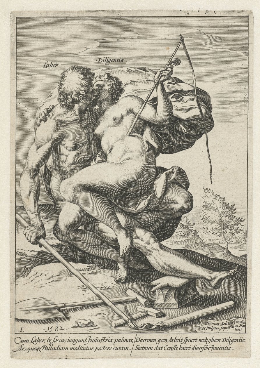 Práce a průmysl (práce / Diligentia) Odměna za práci, píli, praxi a umění (název série) od Hendrick Goltzius