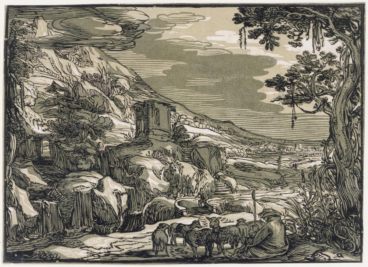 Arkádská krajina s pastýřem od Hendrick Goltzius
