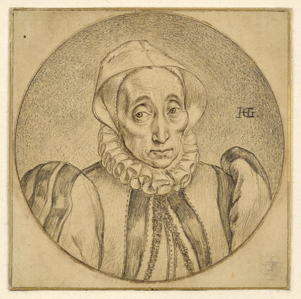 Portrét starší dámy (Agatha Scholiersová) od Hendrick Goltzius