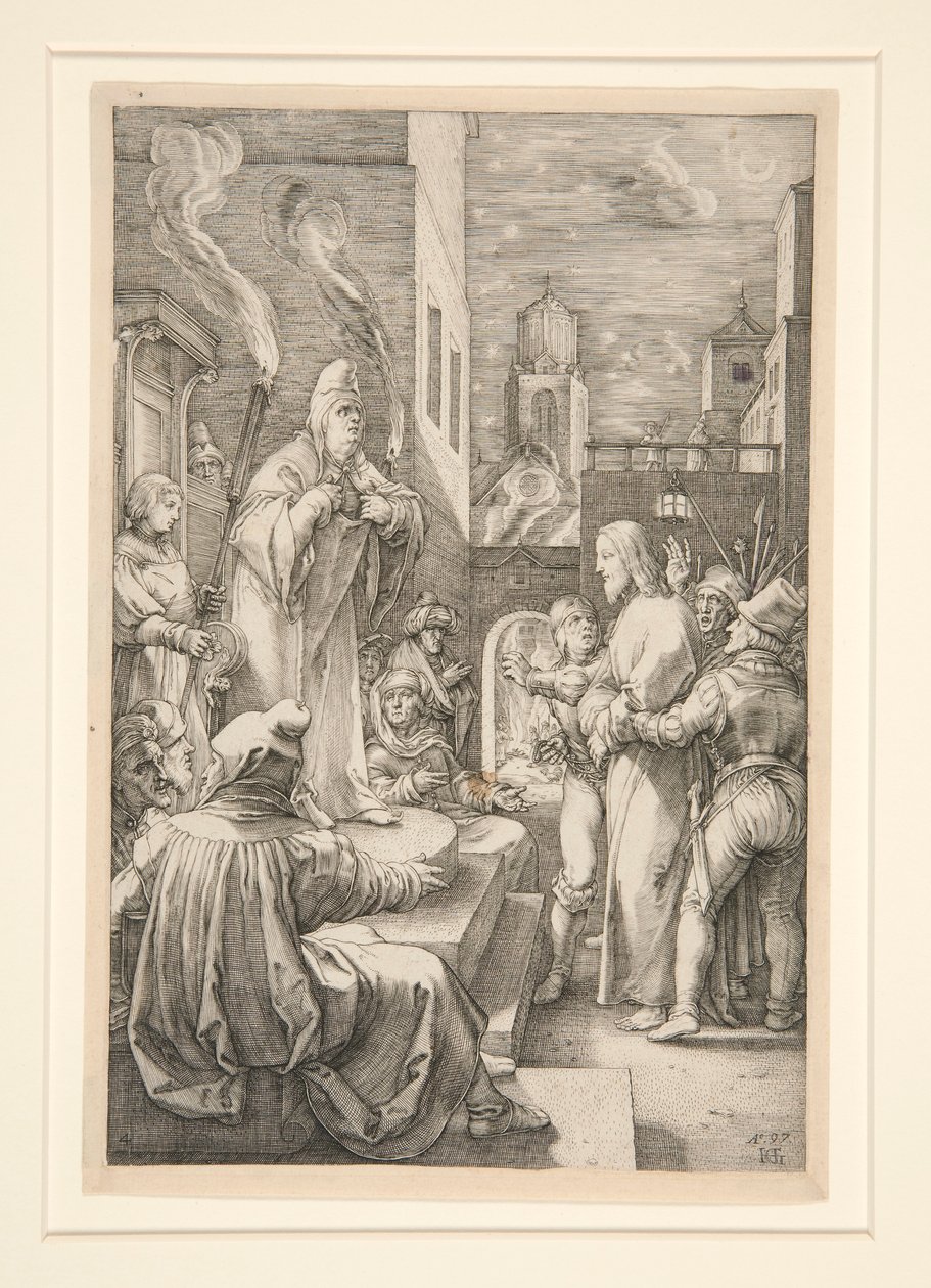 Kristus před Kaifem, z Umučení, č. 4 v sérii 12 rytin od Hendrick Goltzius