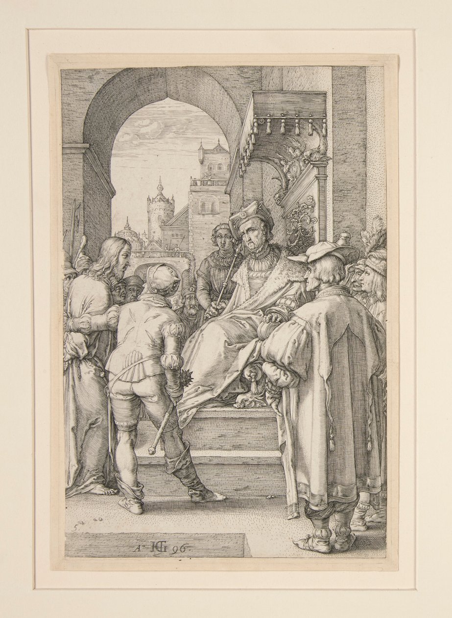 Kristus před Pilátem, z Umučení, č. 5 v sérii 12 rytin od Hendrick Goltzius