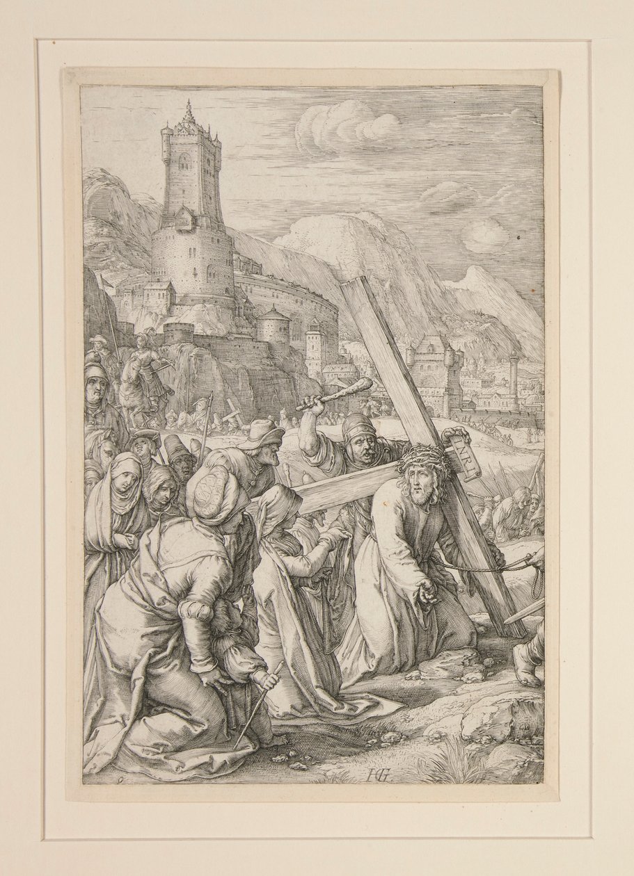Christ Carrying the Cross, #9 in from The Passion, série 12 rytin od Hendrick Goltzius