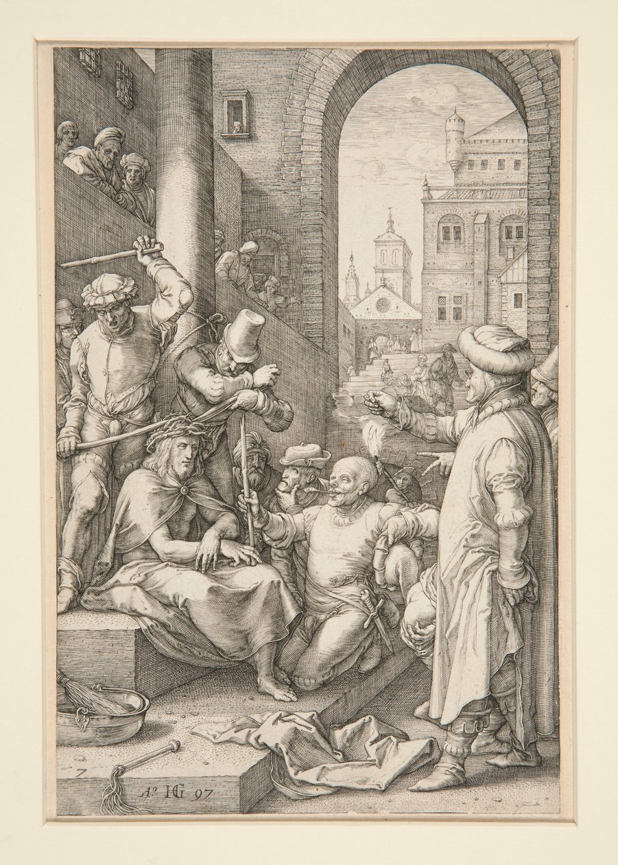 Kristus korunovaný trny, z Umučení, #7 v sérii 12 rytin od Hendrick Goltzius