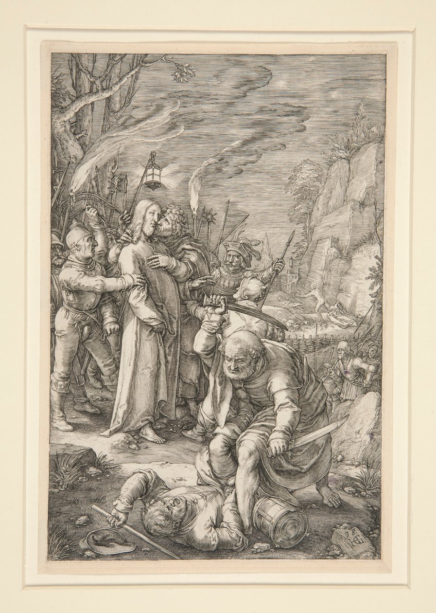 Christ Taken Captive (The Betrayal of Christ), z Umučení, #3 v sérii 12 rytin od Hendrick Goltzius