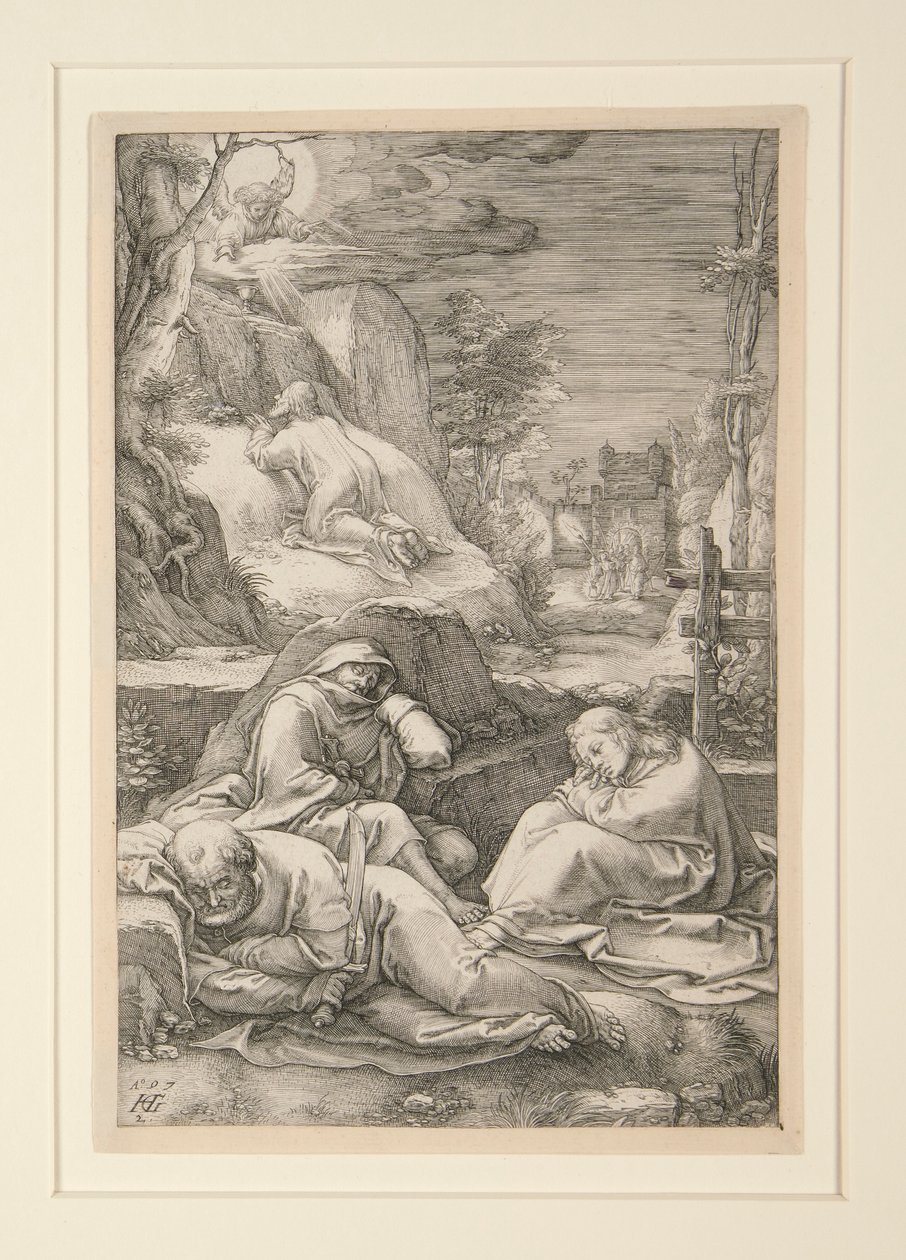 Kristus na Olivové hoře (Agónie v zahradě), z Umučení, #2 v sérii 12 rytin od Hendrick Goltzius