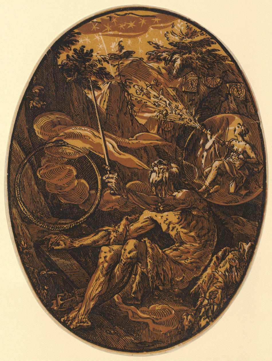 Demogorgon v jeskyni věčnosti, list 1 ze série „Demogorgon a božské bytosti“ od Hendrick Goltzius