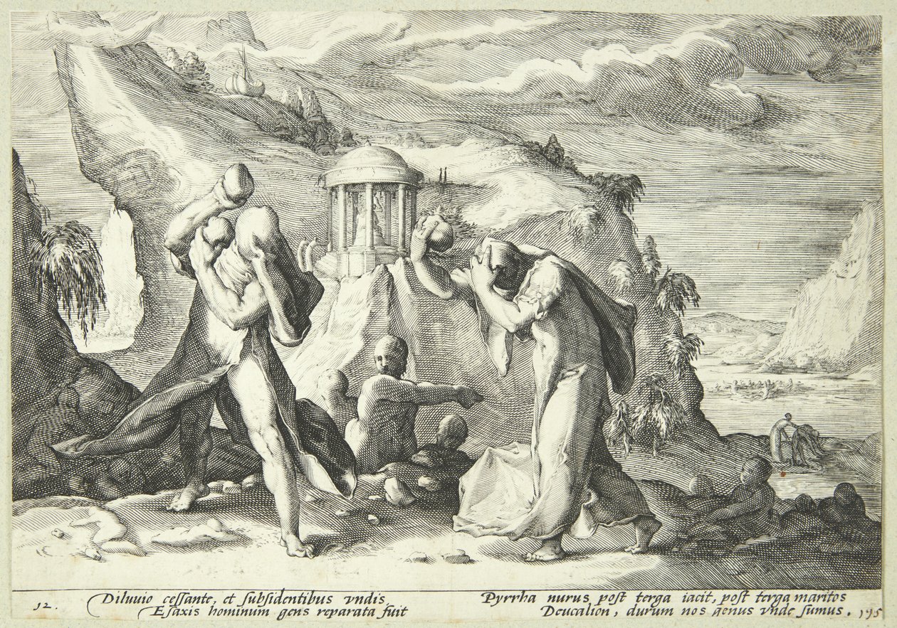 Deukalion a Pyrrha znovu osídlují svět od Hendrick Goltzius