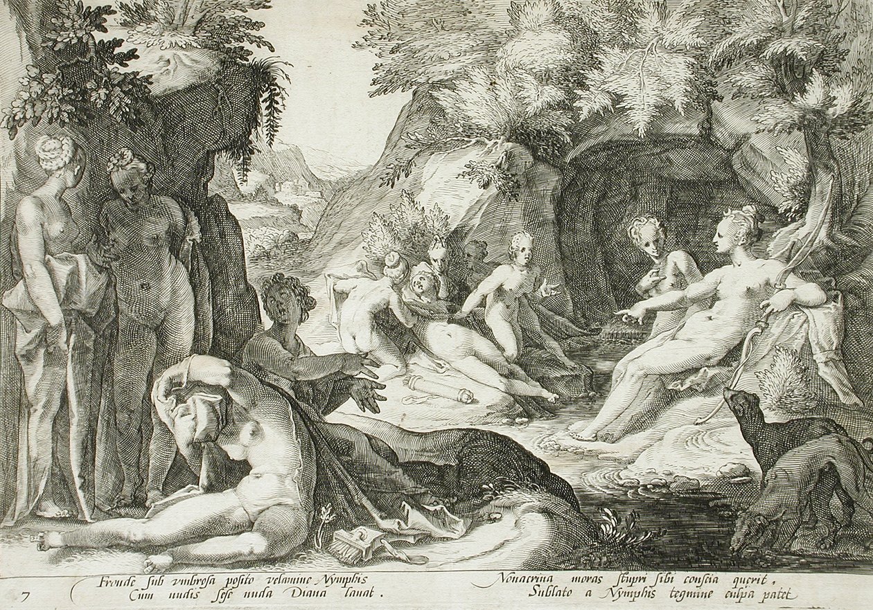 Diana a její nymfy zjišťují, že Callisto je těhotná od Hendrick Goltzius