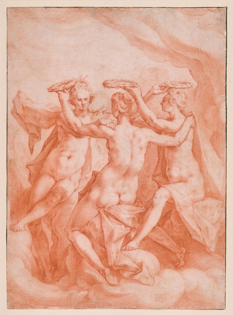 Die drei Grazien auf Wolken schwebend od Hendrick Goltzius