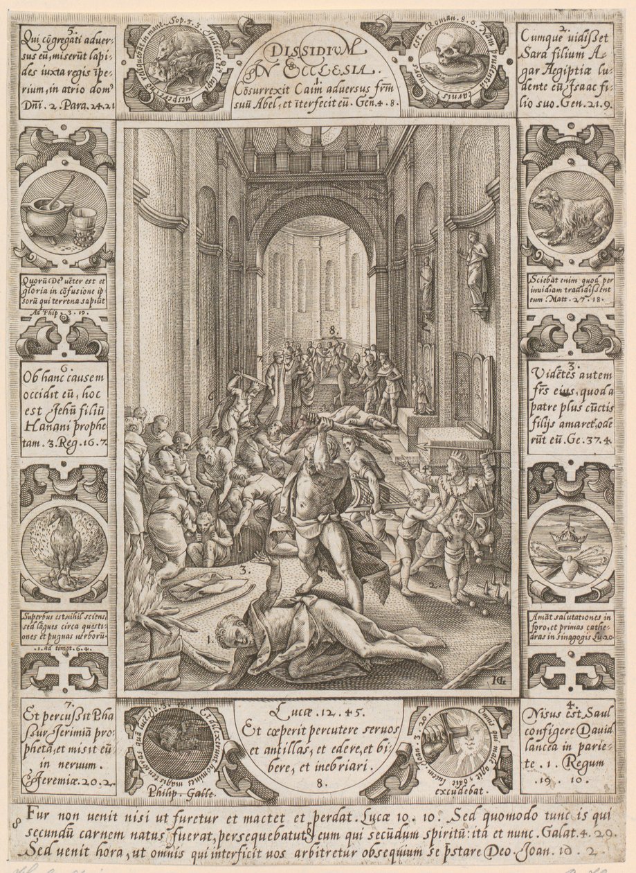 Dissidium in Ecclesia, list 8 ze série „Alegorie křesťanské víry“ od Hendrick Goltzius