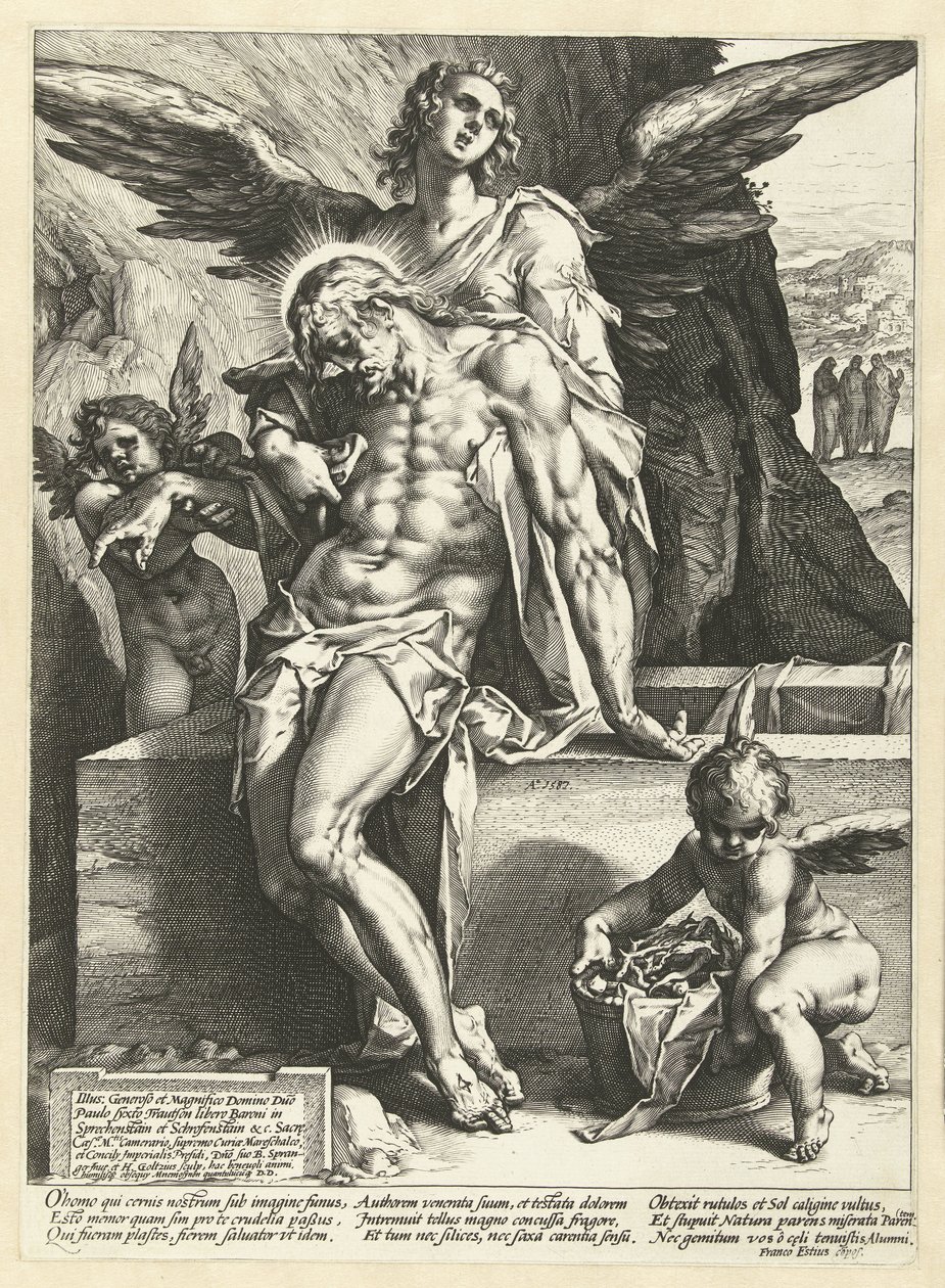 Andělé nesou tělo Kristovo od Hendrick Goltzius
