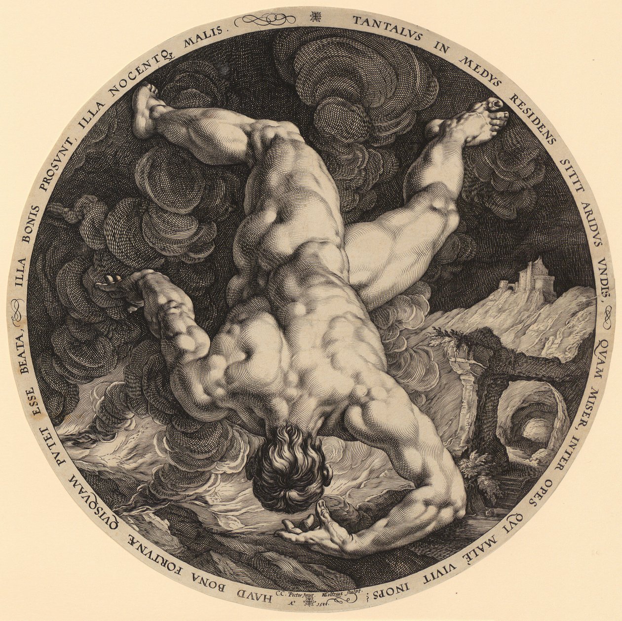 Pád Tantala, list 1 ze série "Čtyři útočníci na nebe" od Hendrick Goltzius