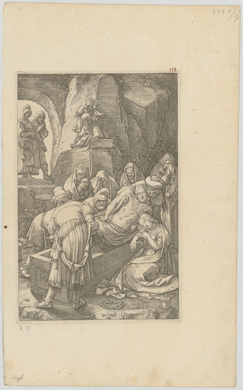 Pohřeb, list 11 ze série „Umučení“ od Hendrick Goltzius