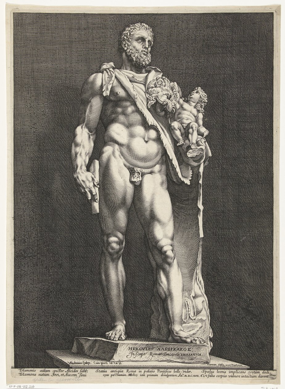 Herkules a Telefos Císař Commodus jako Herkules Tři antické sochy v Římě (název série) od Hendrick Goltzius