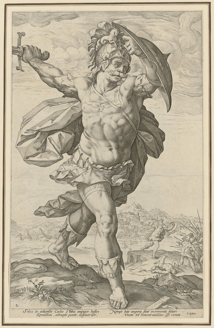 Horatius Cocles, list č. 2 ze série „Římští hrdinové“ od Hendrick Goltzius
