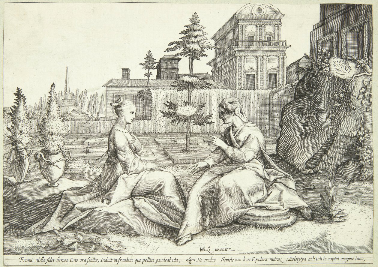 Juno převlečená za Beroë varuje Semele od Hendrick Goltzius