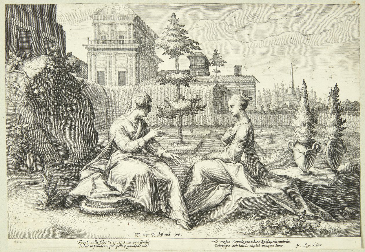 Juno převlečená za Beroë varuje Semele od Hendrick Goltzius