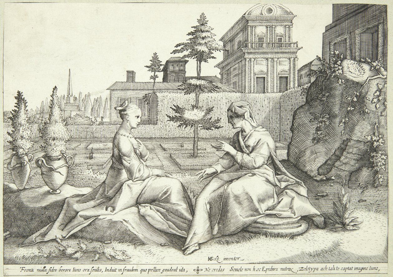 Juno převlečená za Beroë varuje Semele od Hendrick Goltzius