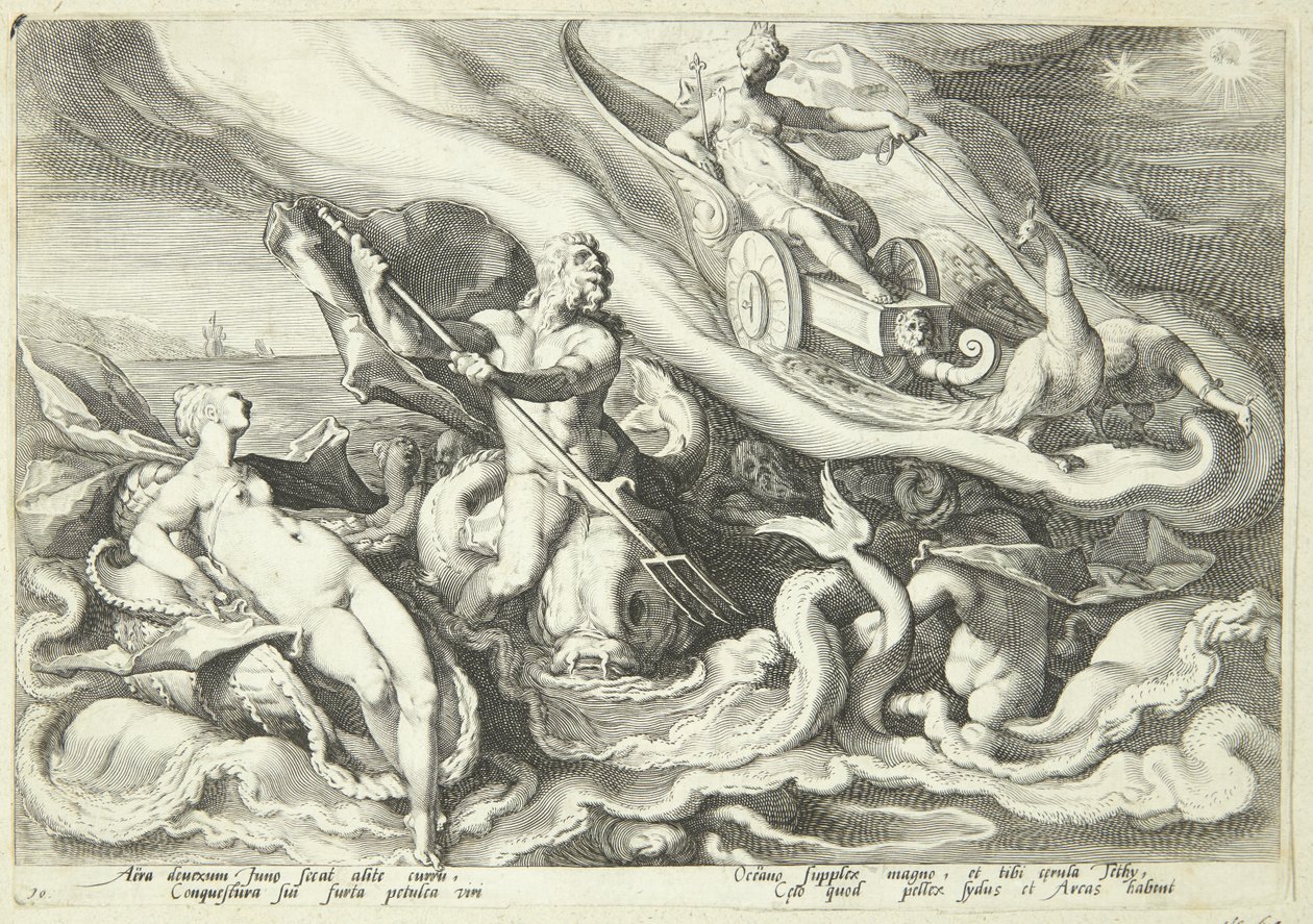 Juno si stěžuje na Kallisto Okeanosovi a Tethys od Hendrick Goltzius