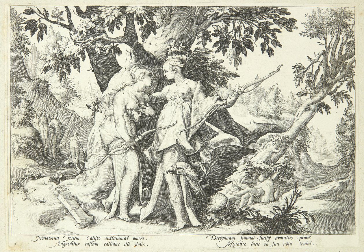 Jupiter převlečený za Dianu svede Kallisto od Hendrick Goltzius