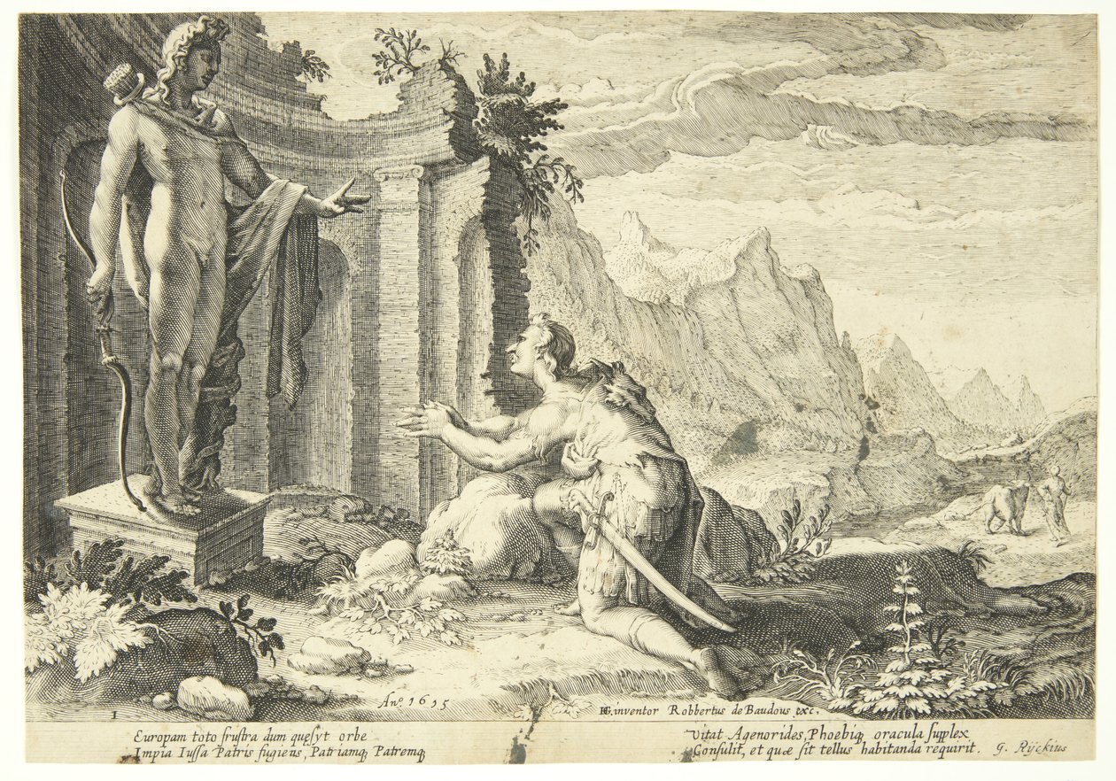 Kadmos se ptá věštce v Delphi, kde najde svou sestru Europu od Hendrick Goltzius