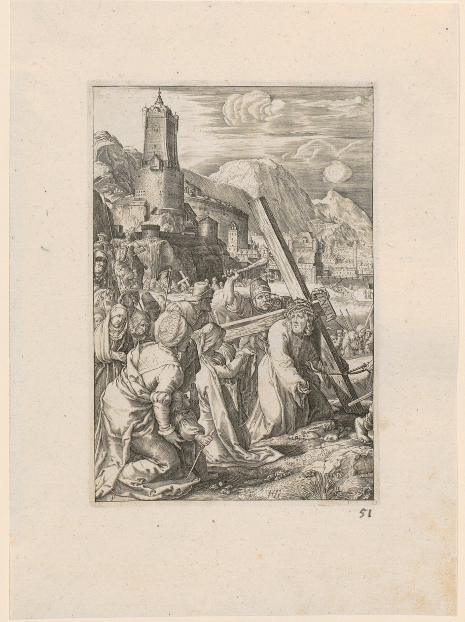 Nesení kříže, list 9 ze série „Utrpení“ od Hendrick Goltzius