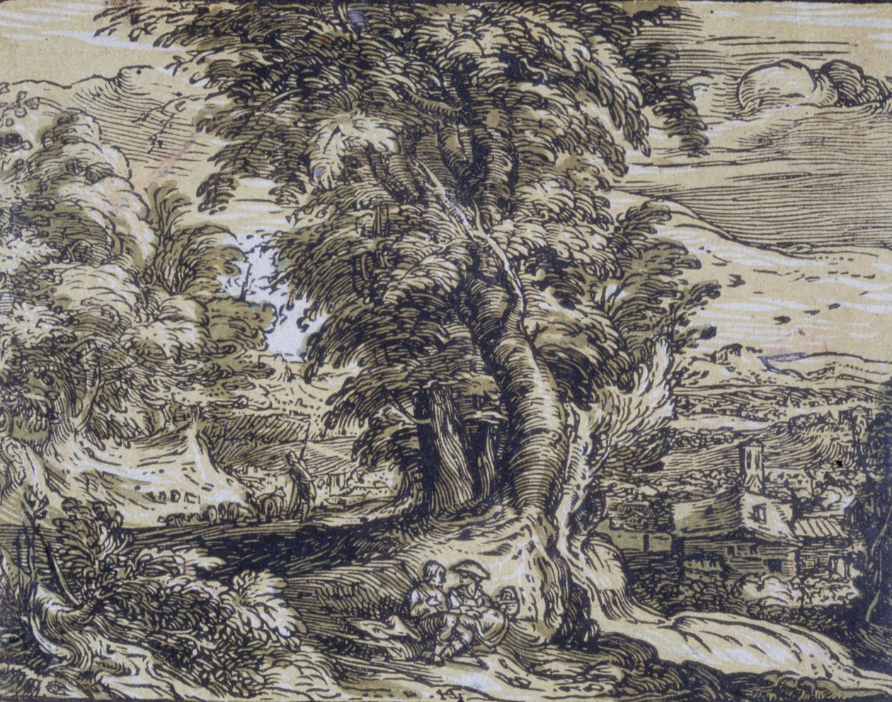 Krajina se stromy a pastýřským párem od Hendrick Goltzius