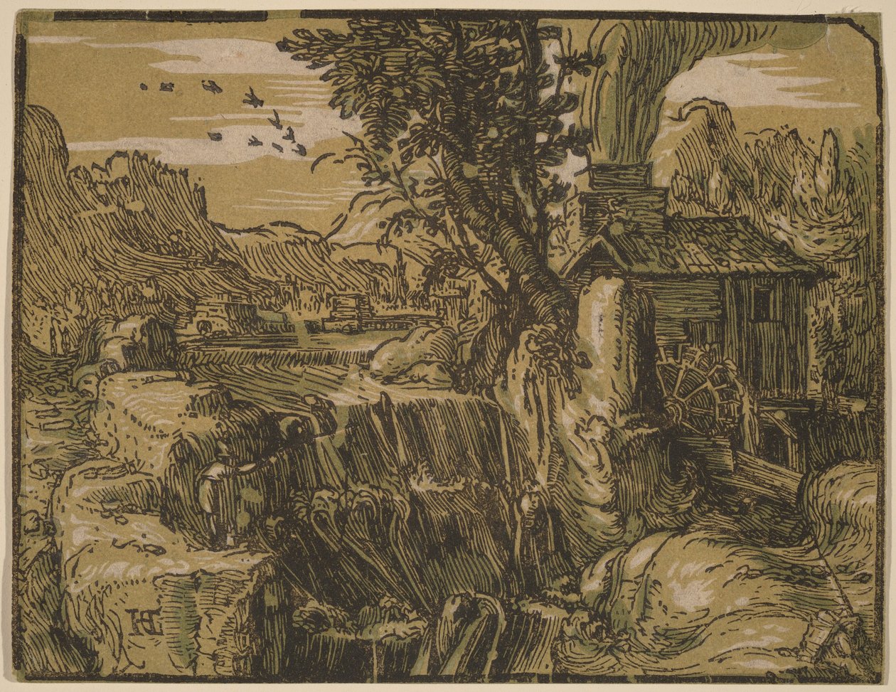 Krajina s vodopádem od Hendrick Goltzius