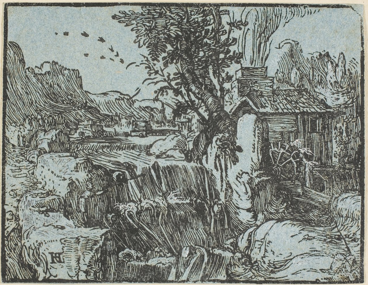 Krajina s vodopádem, ze čtyř malých krajin od Hendrick Goltzius