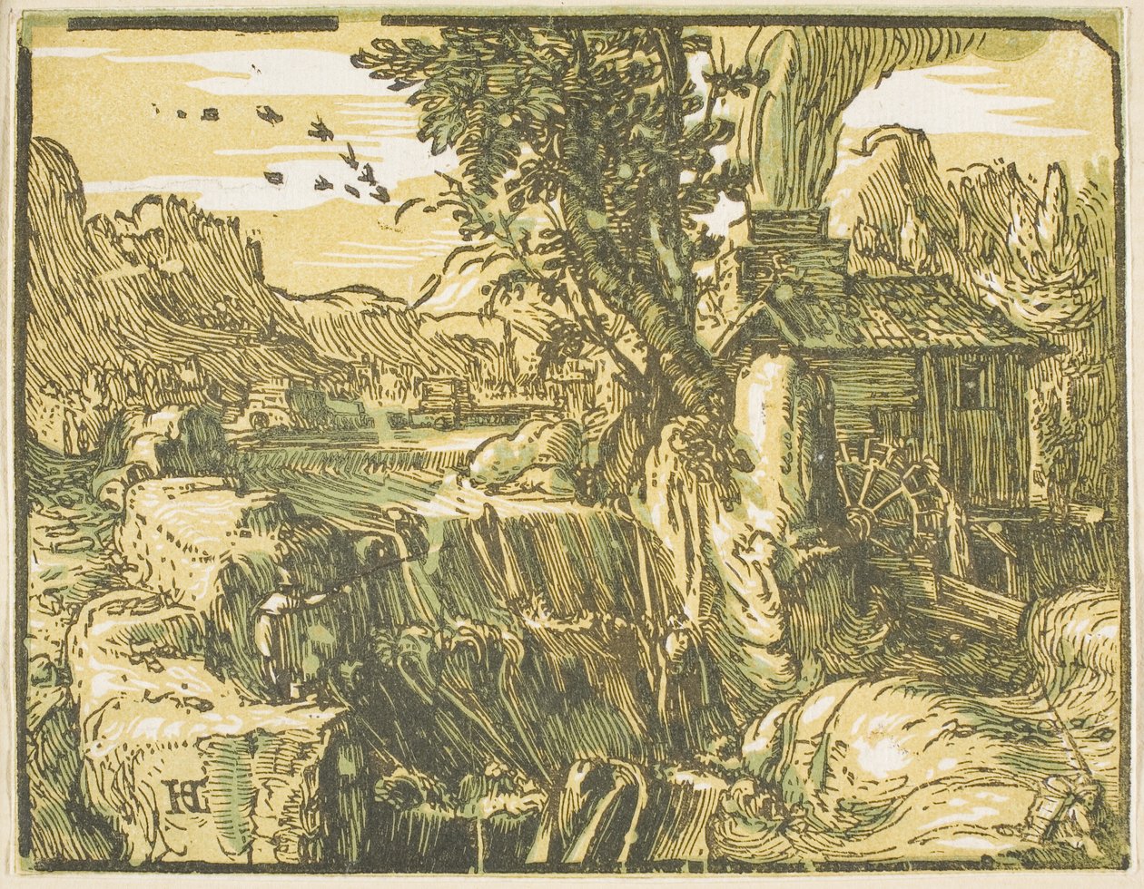 Krajina s vodopádem, ze čtyř malých krajin od Hendrick Goltzius