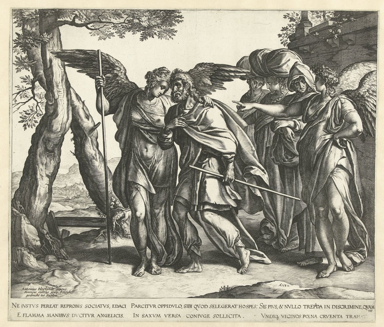 Lot prchá se svou ženou a dcerami ze Sodomy od Hendrick Goltzius