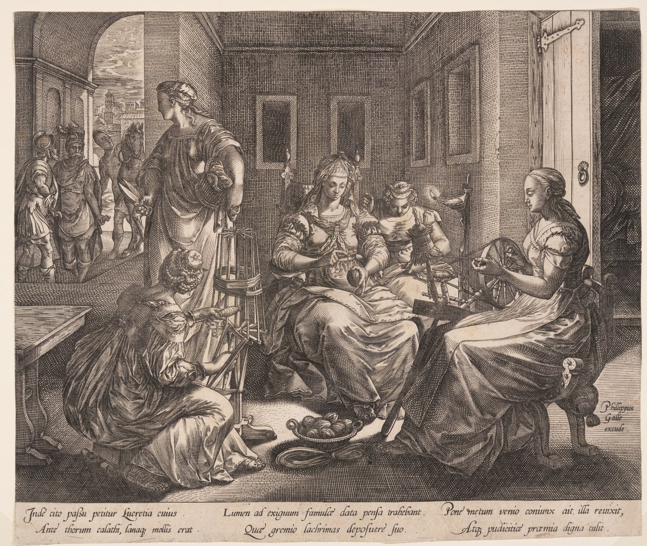 Lukrécie a její ženy předoucí, z knihy Příběh Lukrécie od Hendrick Goltzius