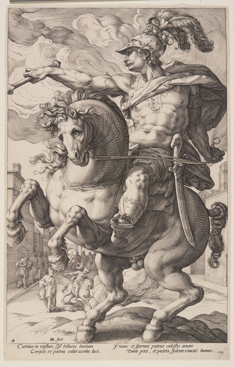 Marcus Curtius na koni, z knihy Římští hrdinové od Hendrick Goltzius