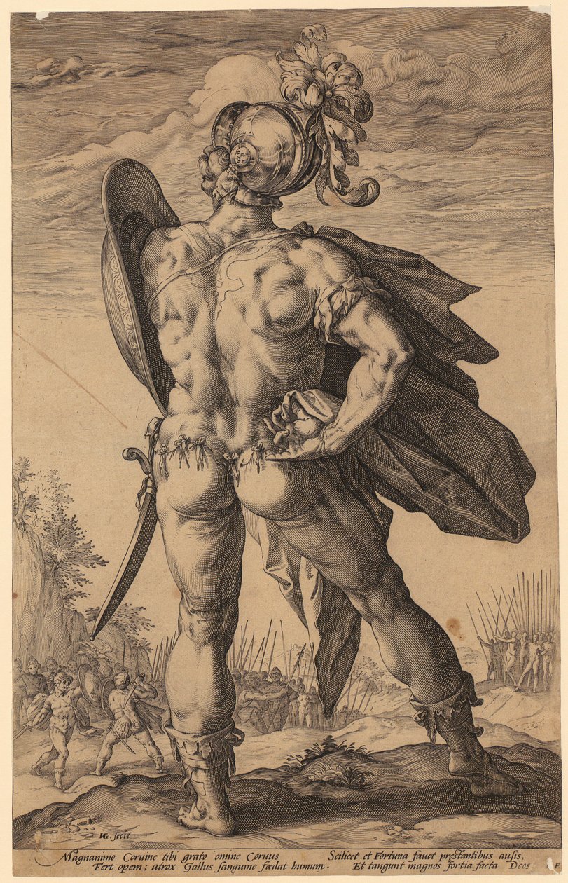 Marcus Valerius Corvus, list 6 ze série „Římští hrdinové“ od Hendrick Goltzius