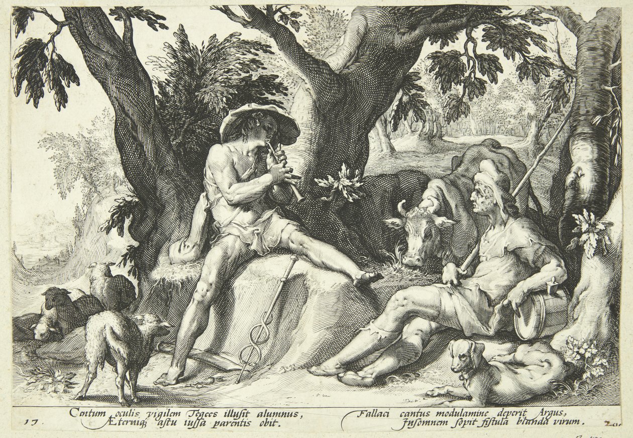 Merkur ukolébá Arguse ke spánku od Hendrick Goltzius