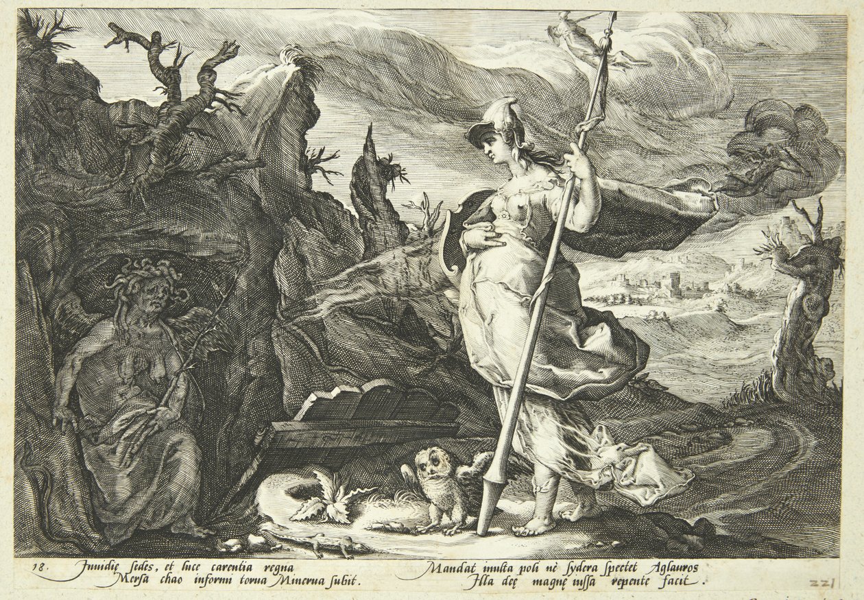 Minerva nařídí závisti, aby naplnila Agraulosovo srdce žárlivostí od Hendrick Goltzius