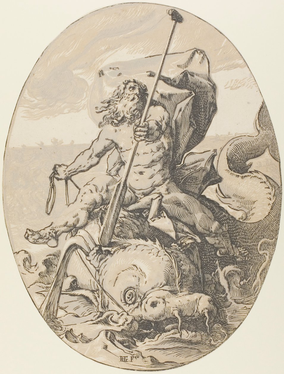 Oceanus, talíř dva z Demogorgon a božstva od Hendrick Goltzius